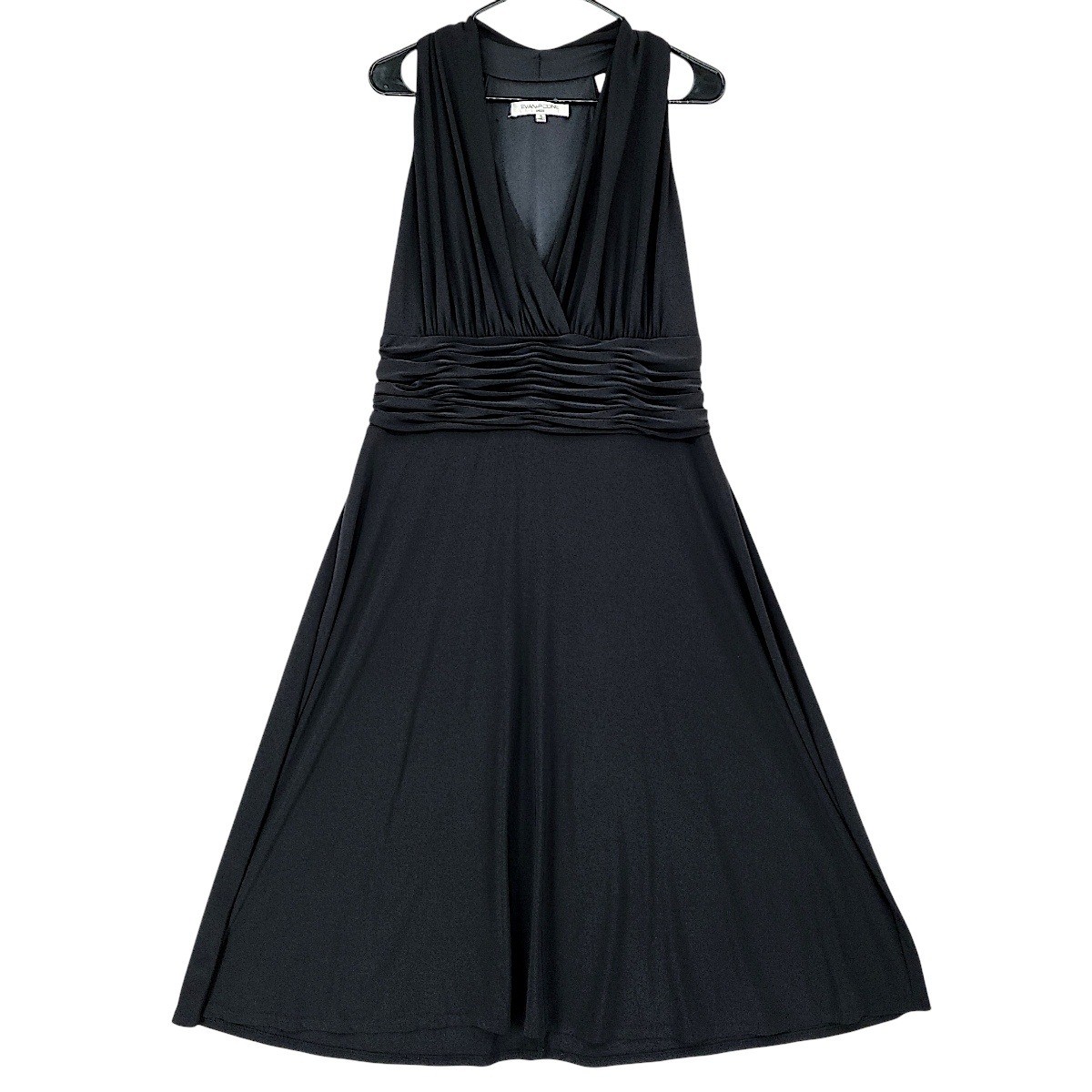Evan Picone Maxi Dress 16 Black Jersey Empire Waist Ruched Sleeveless V-Neck 47″