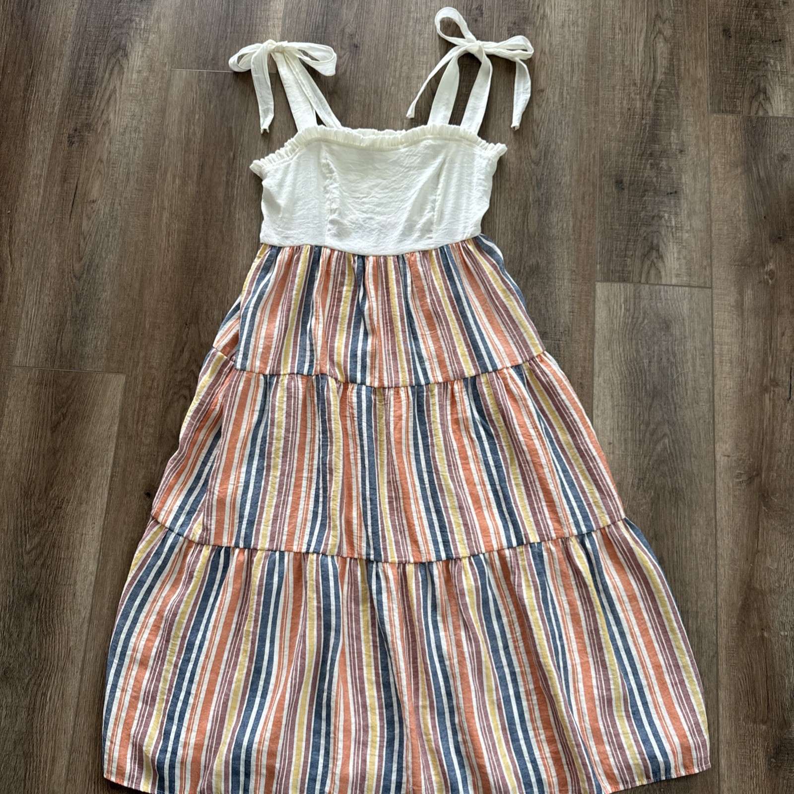 Anthropologie By The River Large Dress Striped Contrast Midi Stretch Tiered C3