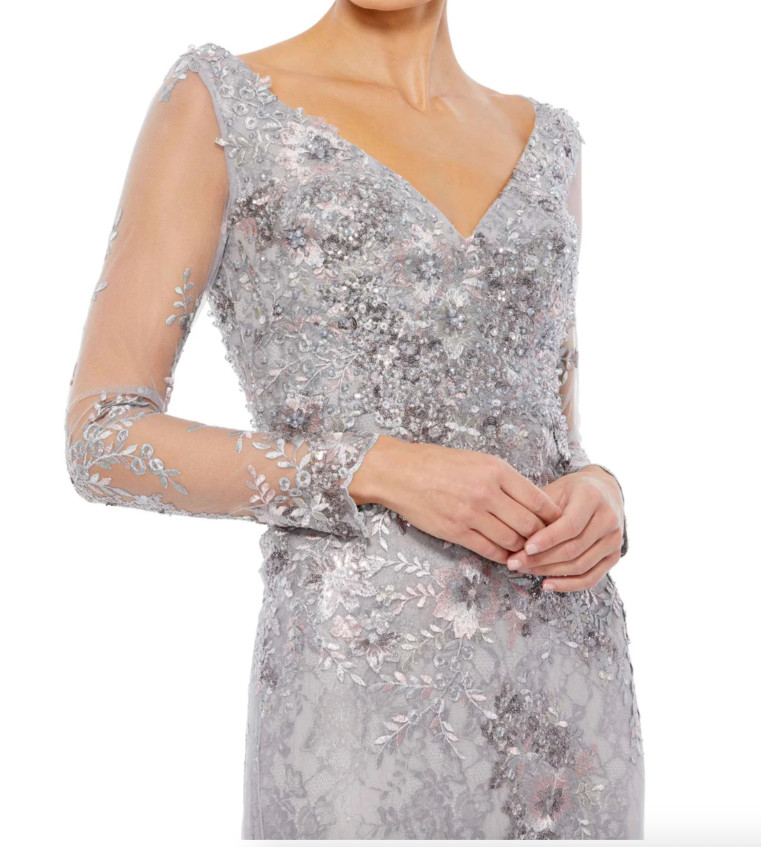 MAC DUGGAL 67539 EMBELLISHED V-NECK ILLUSIONS LONG SLEEVE PLATINUM GOWN sz 20W