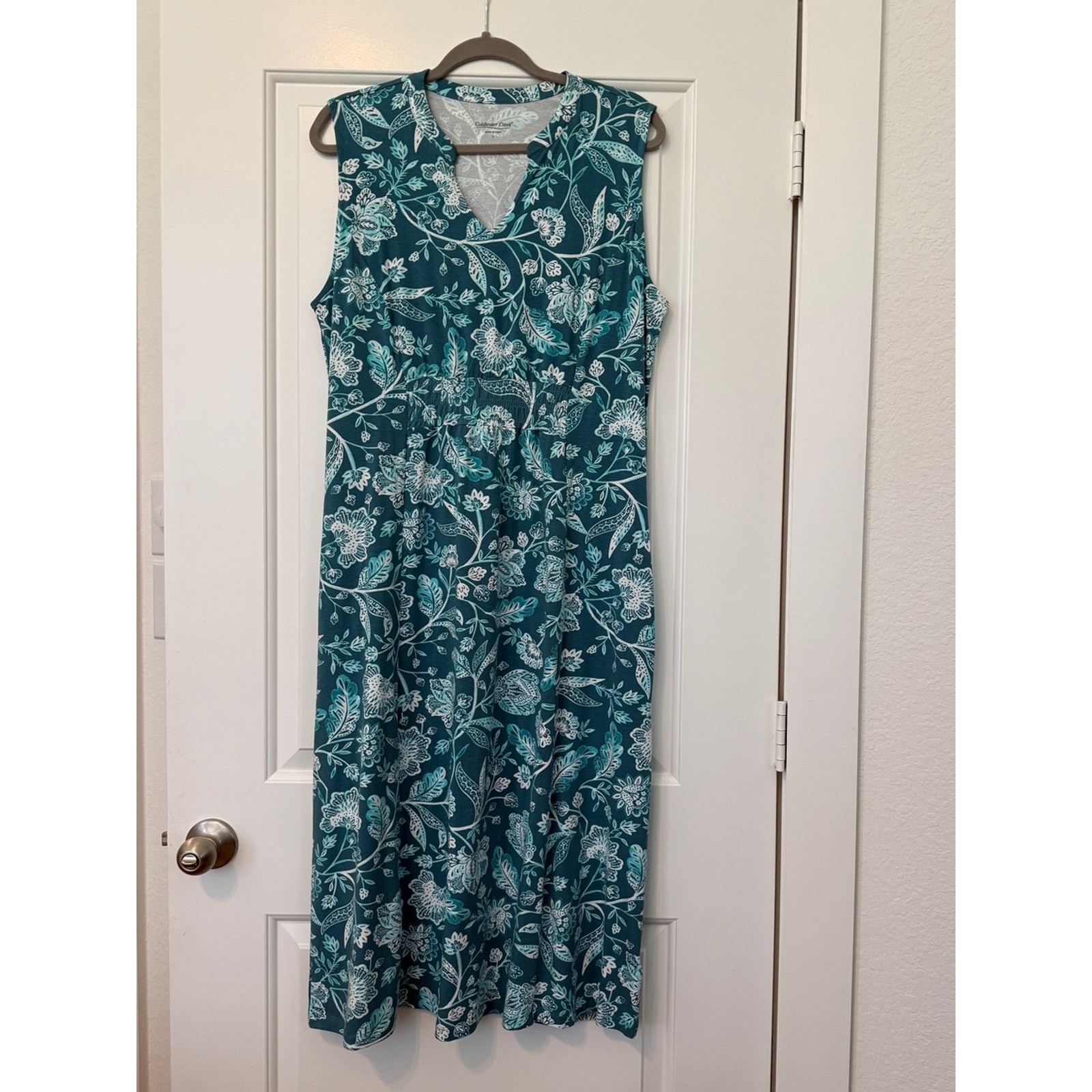 NWOT Coldwater Creek Teal Floral V-Neck Midi Dress with Pockets Large