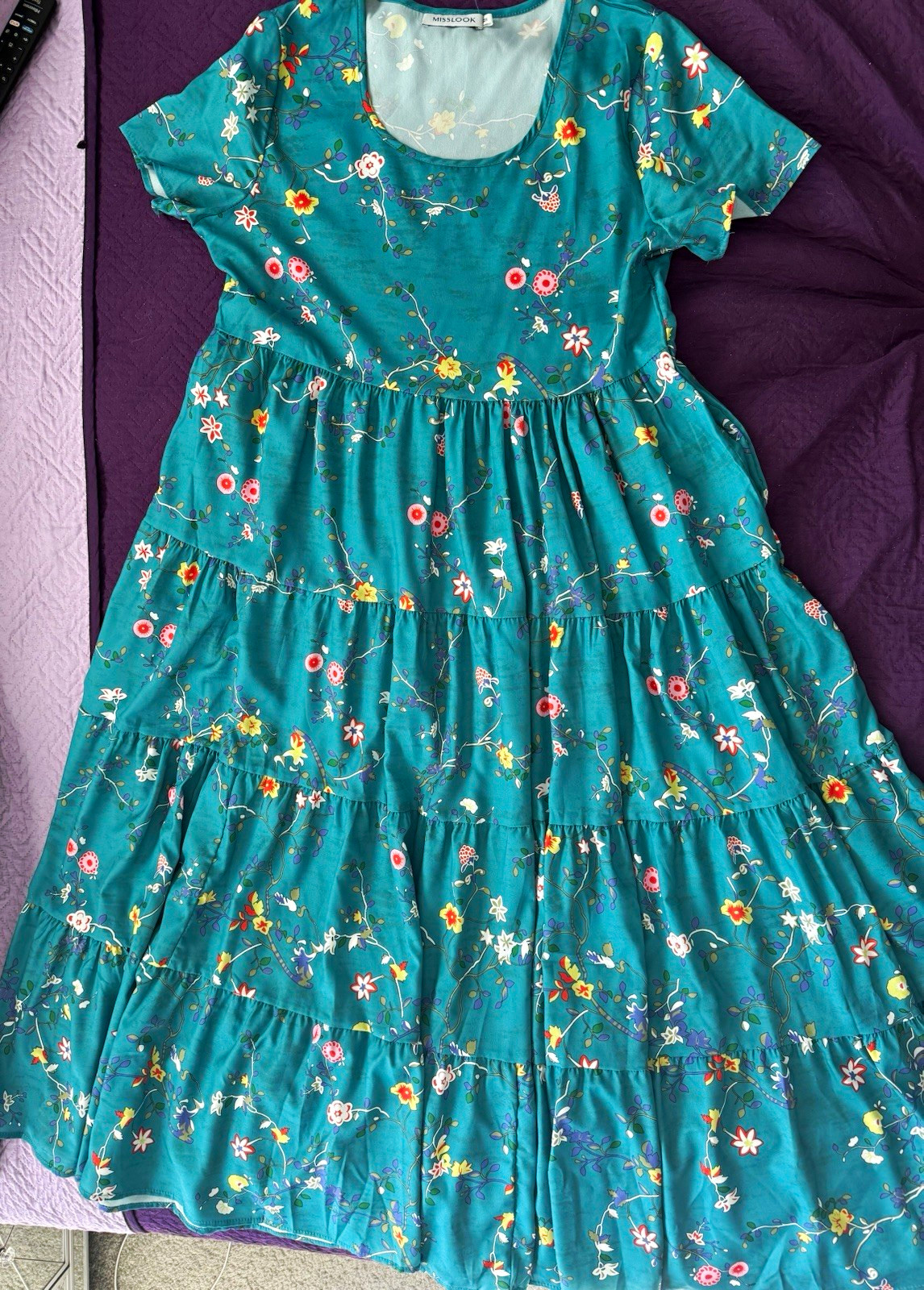 Misslook Teal Floral Tiered Maxi Dress Scoop Neck Short Sleeve Women’s M