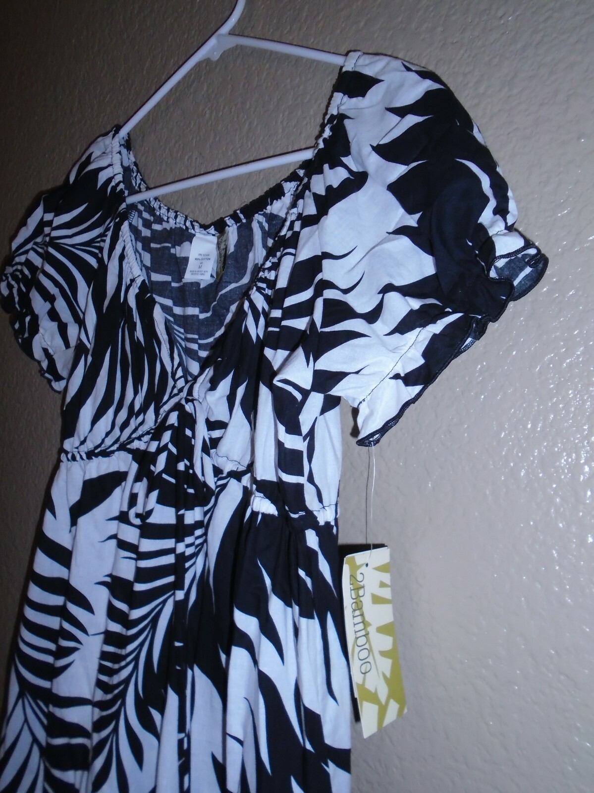 2Bamboo Black & White Print 100% Cotton Empire Waist Beach Dress Medium $79 NWT