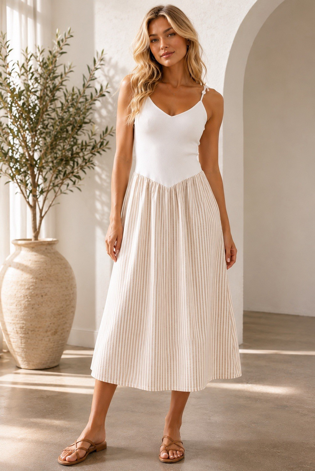 Women’s White Ribbed Midi Dress Beige Stripe Cotton Skirt Adjustable Straps Lg