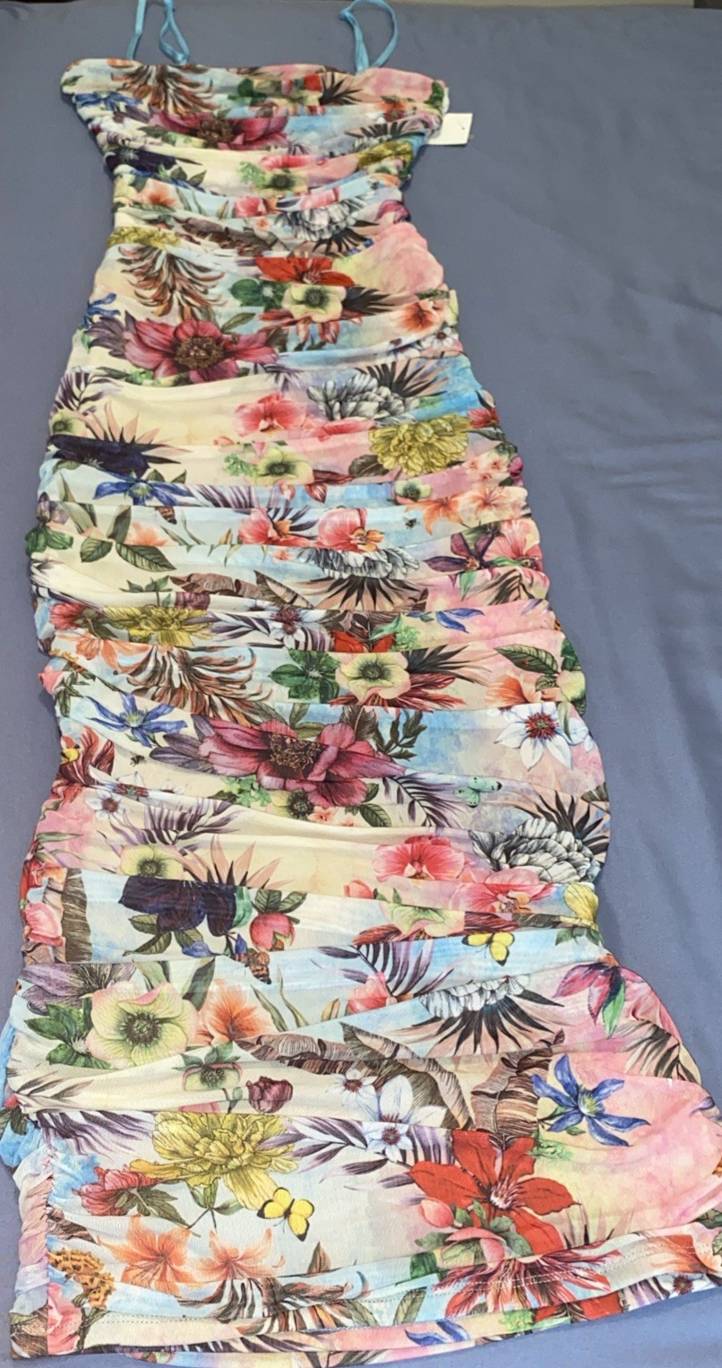 AFRM Floral Printed Mesh Ruched Dress in Multicolor size Medium New