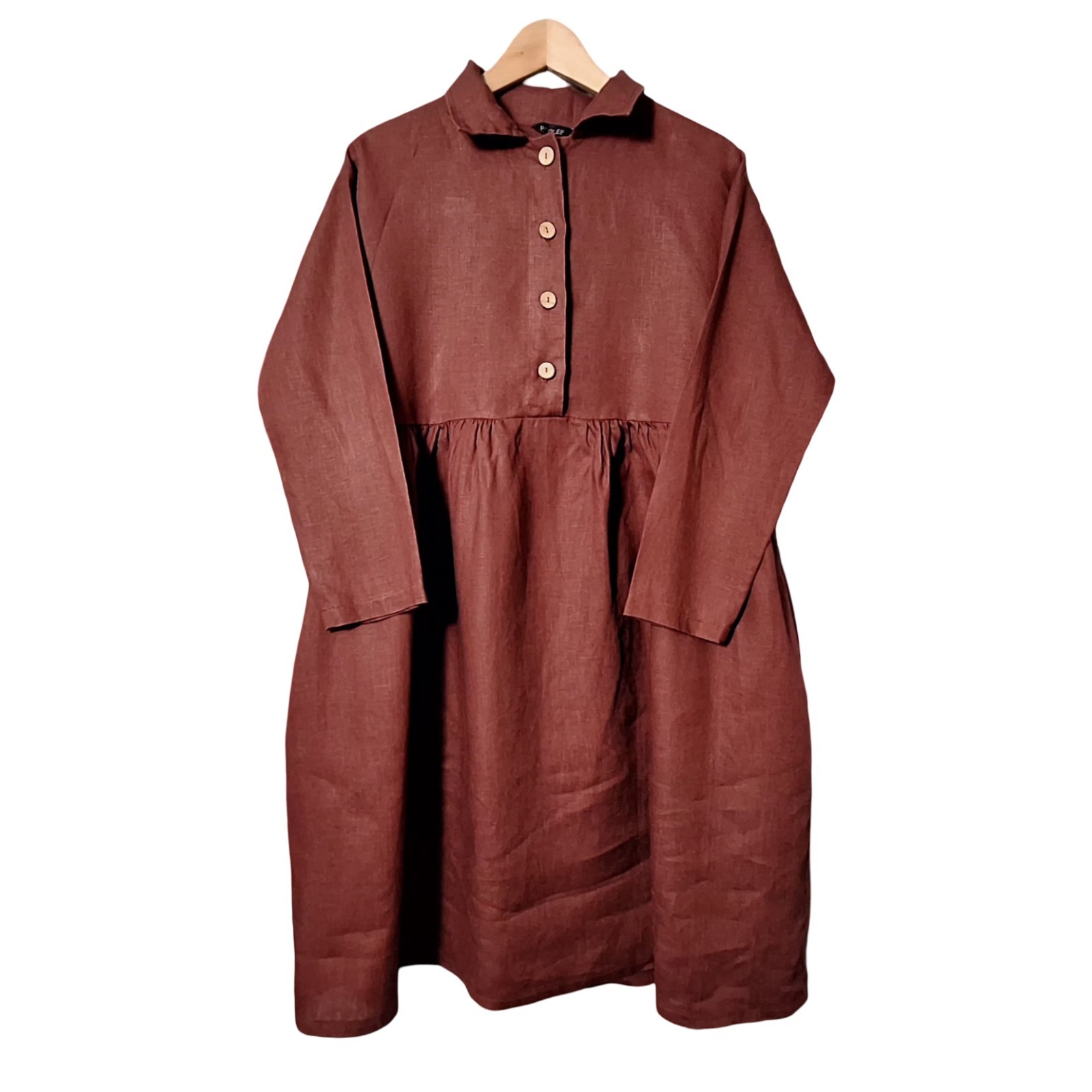 ROOLEE Rust Brick Red Linen Midi Dress Cottagecore Boho Wmn L Bracelet Sleeve