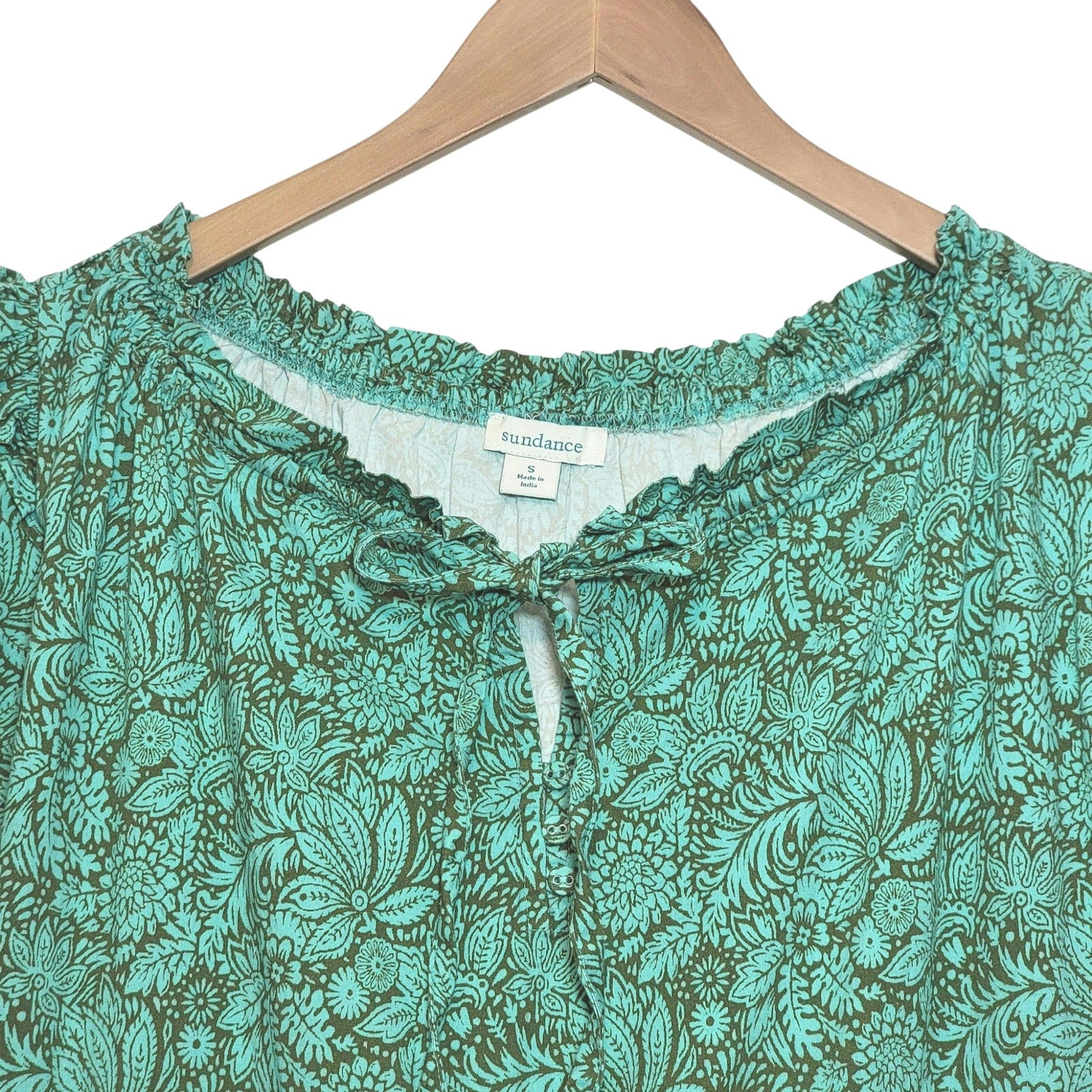 Sundance Liora Floral Leaf Cotton Tiered Ruffle Dress Short Sleeve Green S