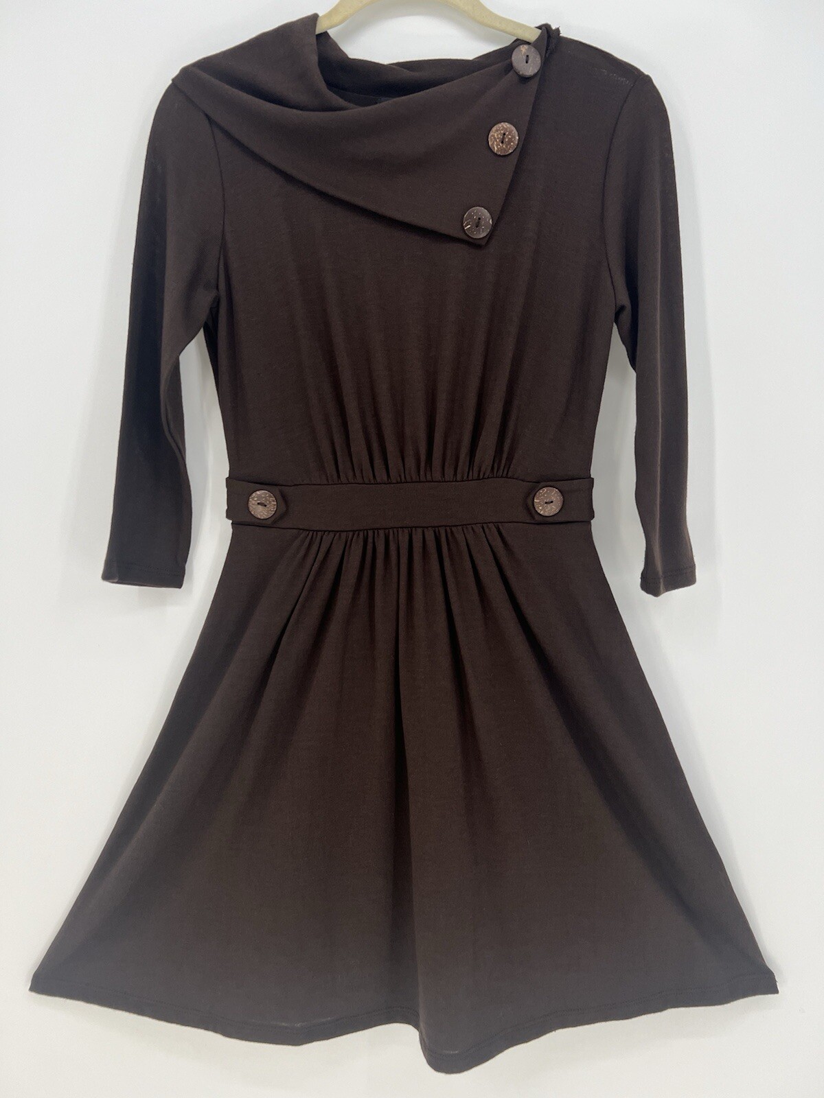 Lollipop Star Dress Womens Juniors Medium Brown Mini Asymmetric Cowl 3/4 Sleeves