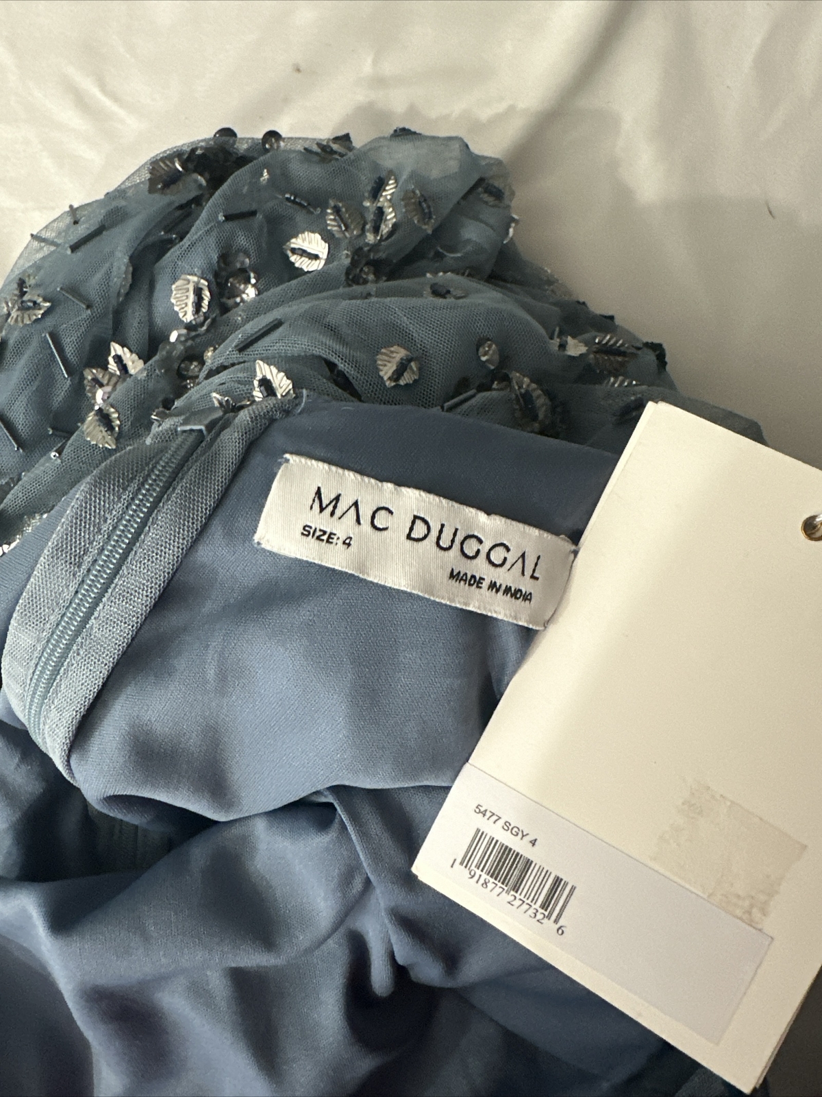 NWT Mac Duggal [ 4 ] 5477 Floral Embellished Scoop Neck Gown Slate Blue #S1248