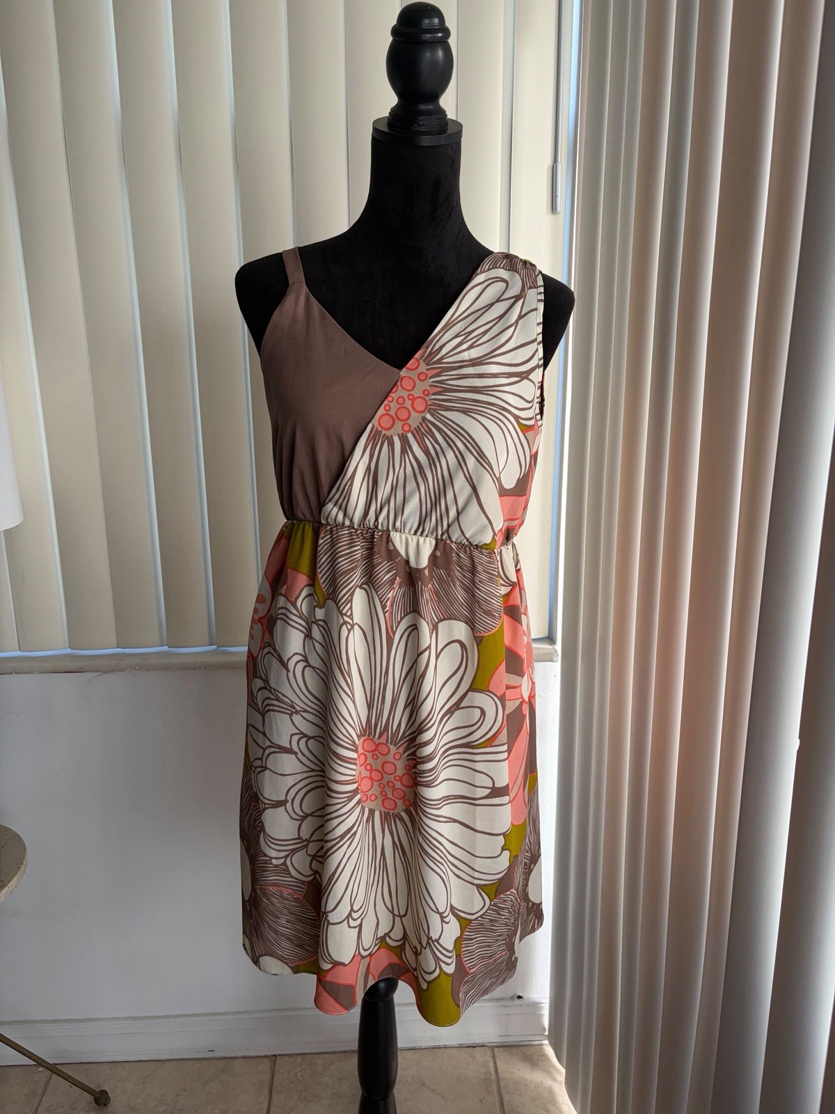 Judith March Womens Floral Sundress Asymmetrical Bodice Brown Pink Retro Midi