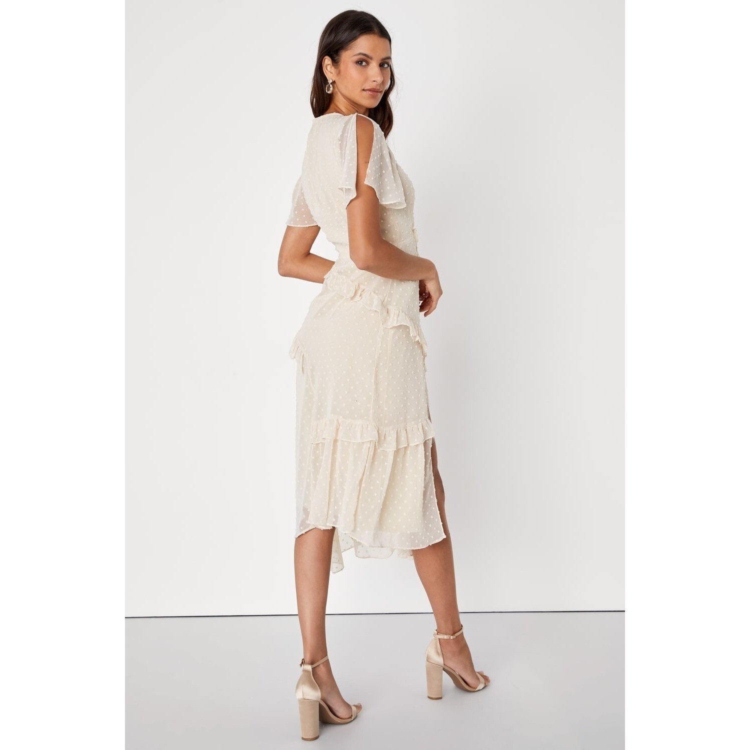 Lulus Cream Swiss Dot Ruffle Flutter Sleeve High Low Midi Dress Ivory Size S
