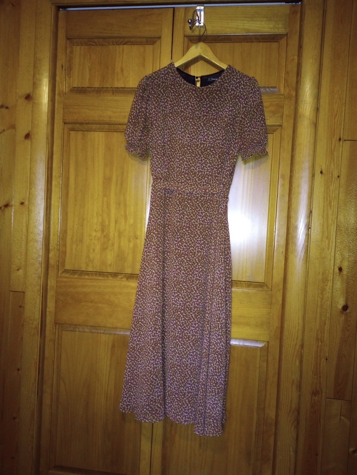 Calico Prairie Dress Brown Sz Large Boho Midi puff sleeve lined belt zip keyhole