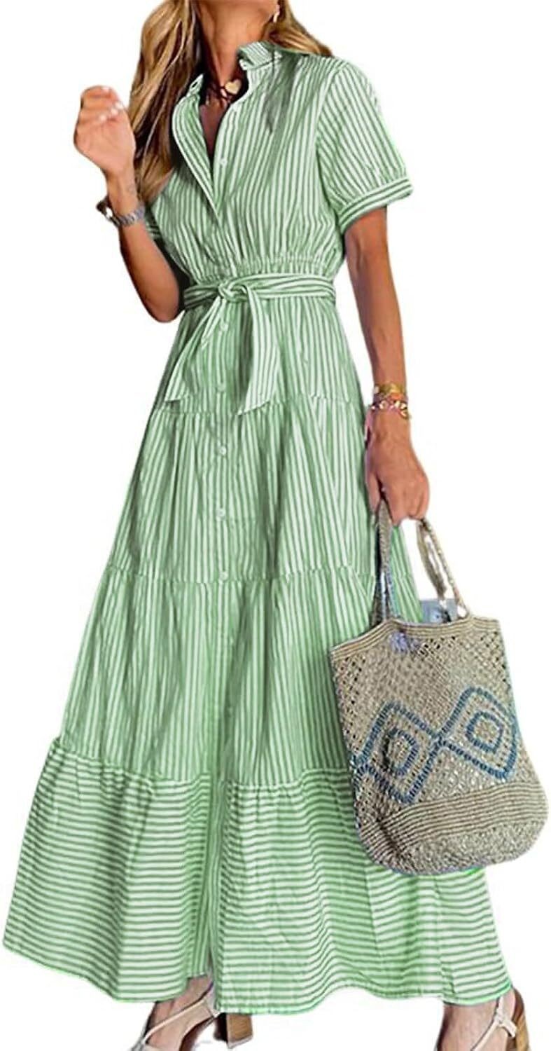 2025 Womens Short Sleeve Button Down Tie Waist Ruffled Striped Maxi Shirt Dress