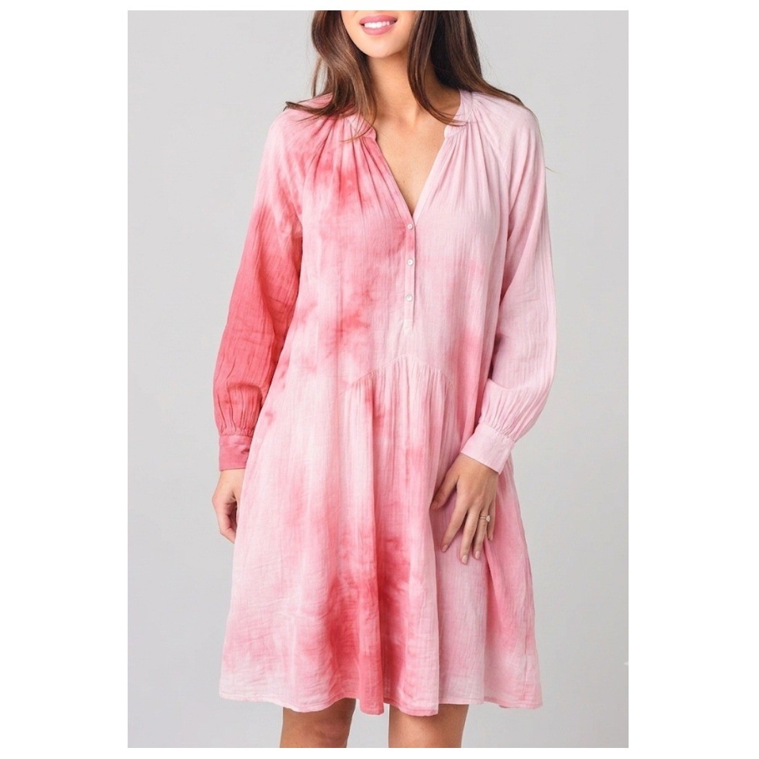 Honorine Tie-Dye Paola Dress Pink Cotton Gauze Long Sleeve V-Neck Pockets Size M