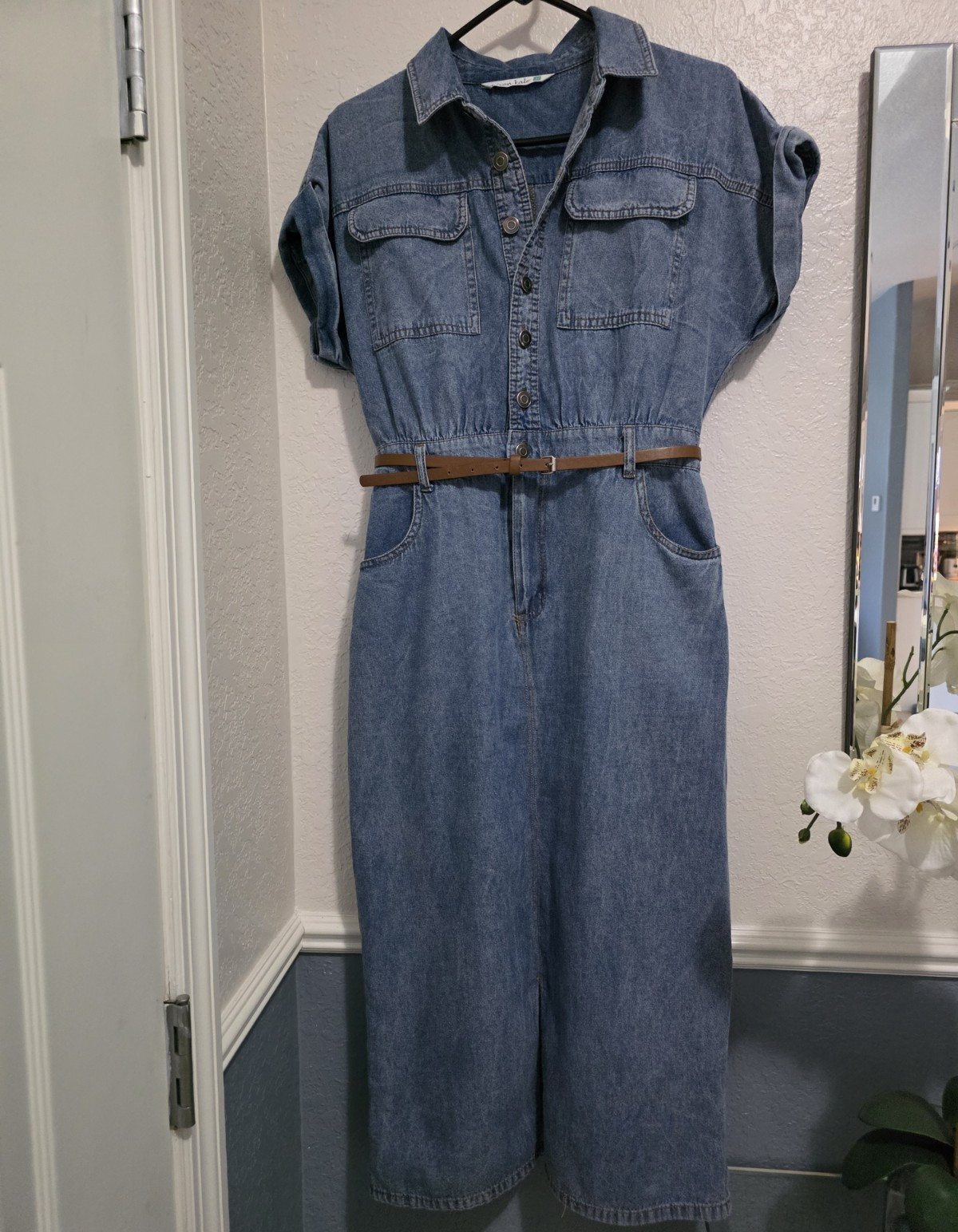 Given Kale Blue Denim Solid Shirt Dress Button-Front Belted Pockets Midi M
