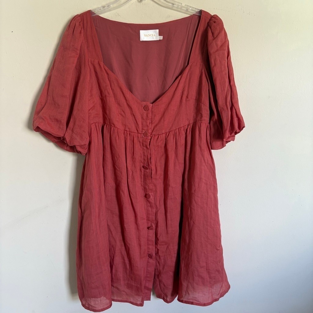 Sancia The Amalia Dress In Watermelon Large Puff Sleeve Button Front $249