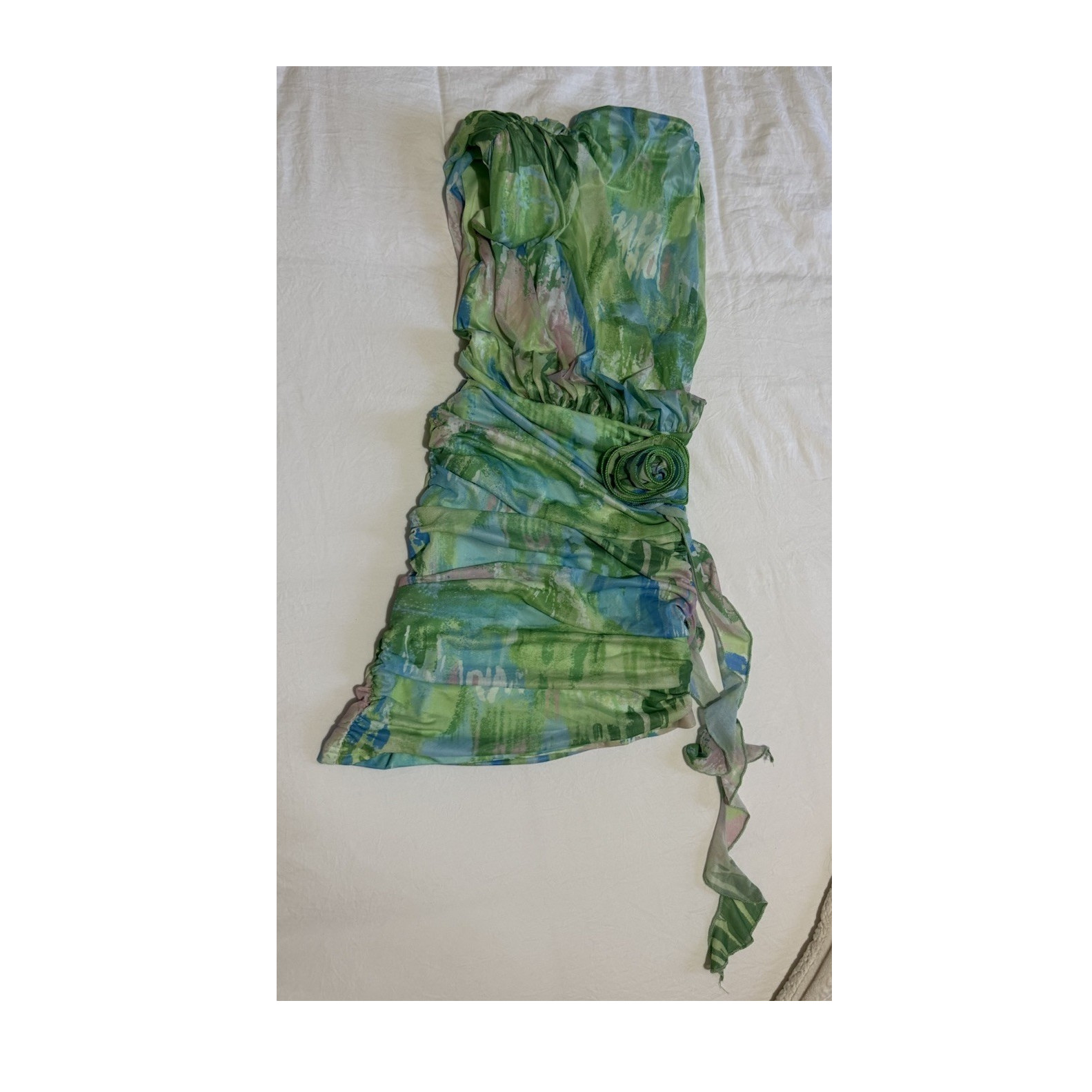 Shien Green Blue Abstract Ruched Ruffle Bodycon Mini Halter Sleeveless XS