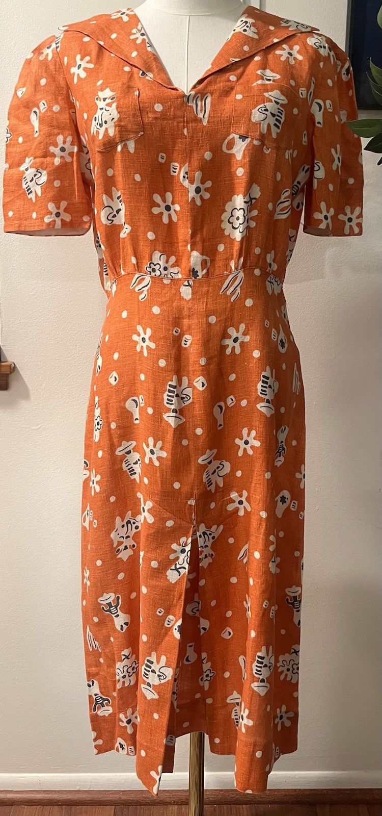 Vintage 1930’s-1940’s Linen Day Dress Small Orange Mint Condition Rockabilly