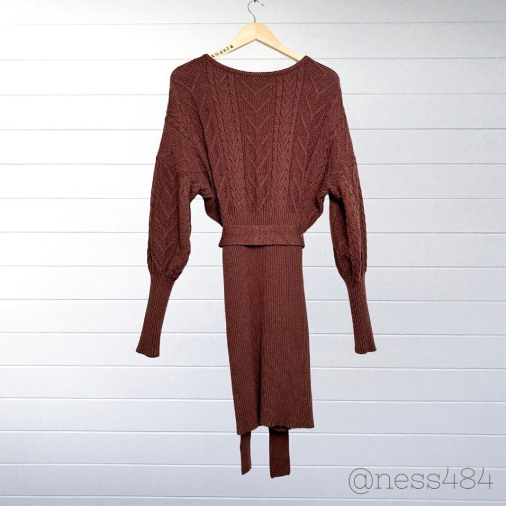 HERA Collection Cable Knit Wrap Sweater Dress Belted Long Sleeve Brown Size L