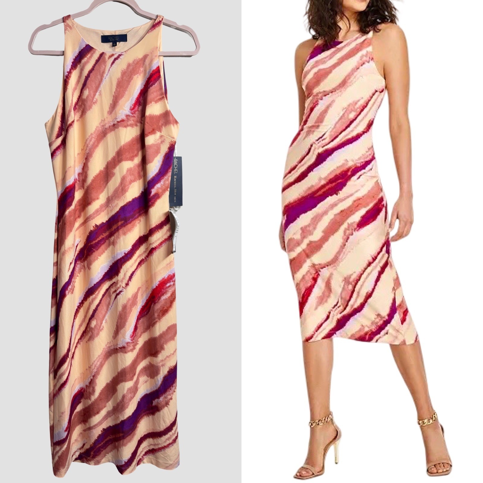Rachel Roy Sleeveless Sheath Midi Dress Brown Pink Abstract Print Stretch NWT