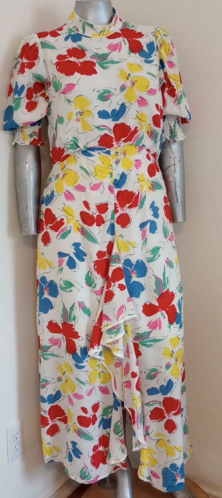 NWT WOMAN RIXO MAXI CASCADE RUFFLE DRESS Size 14 Mock Neck Puff Short Sleeve
