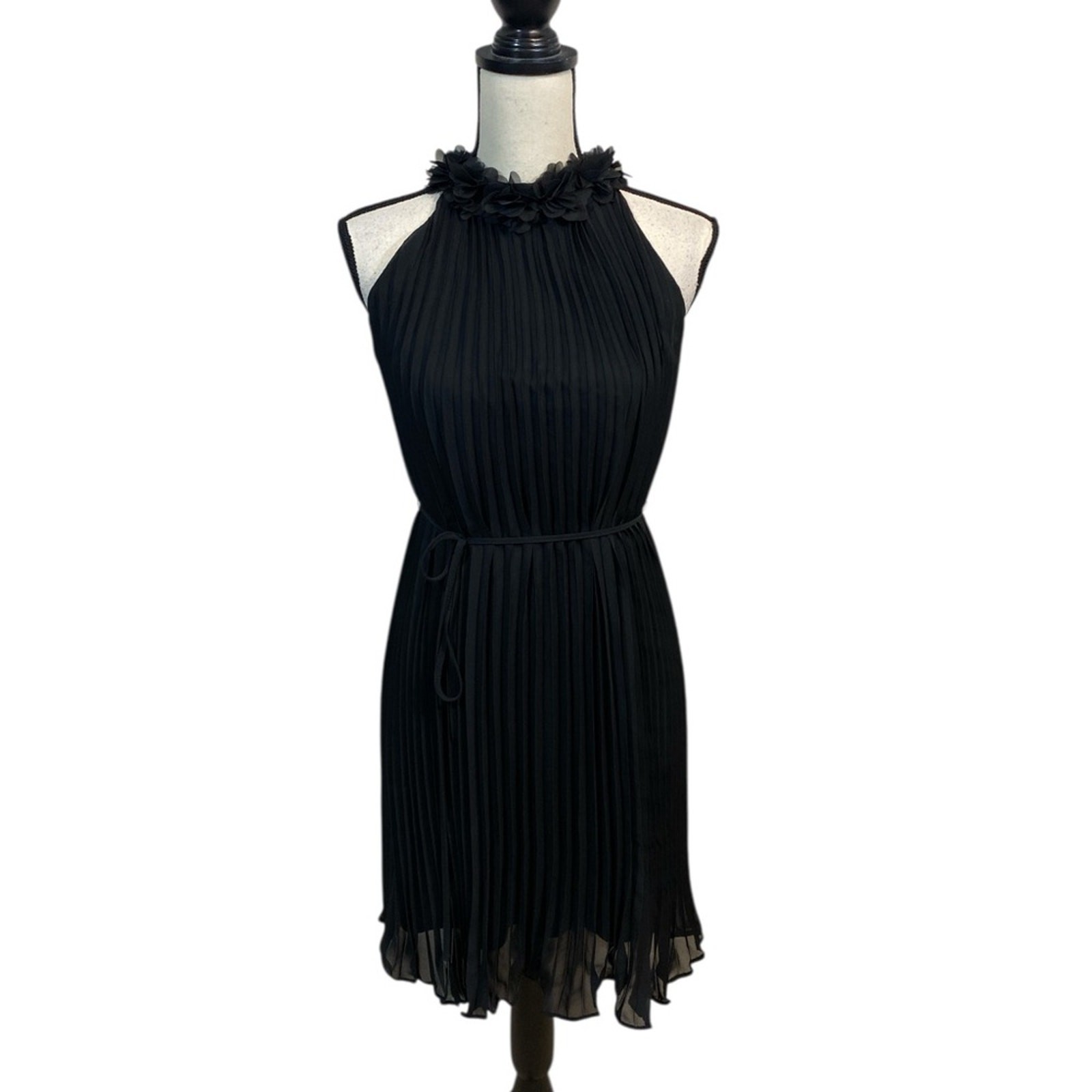 Nicole Miller Black Pleated Halter Dress with Flower Neckline XS