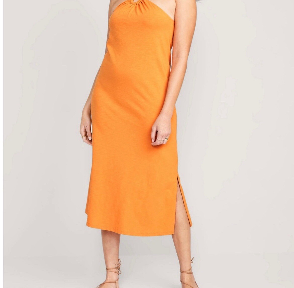 Old Navy Halter Midi Dress Orange Papaya Slub Knit Shelf Bra Size M