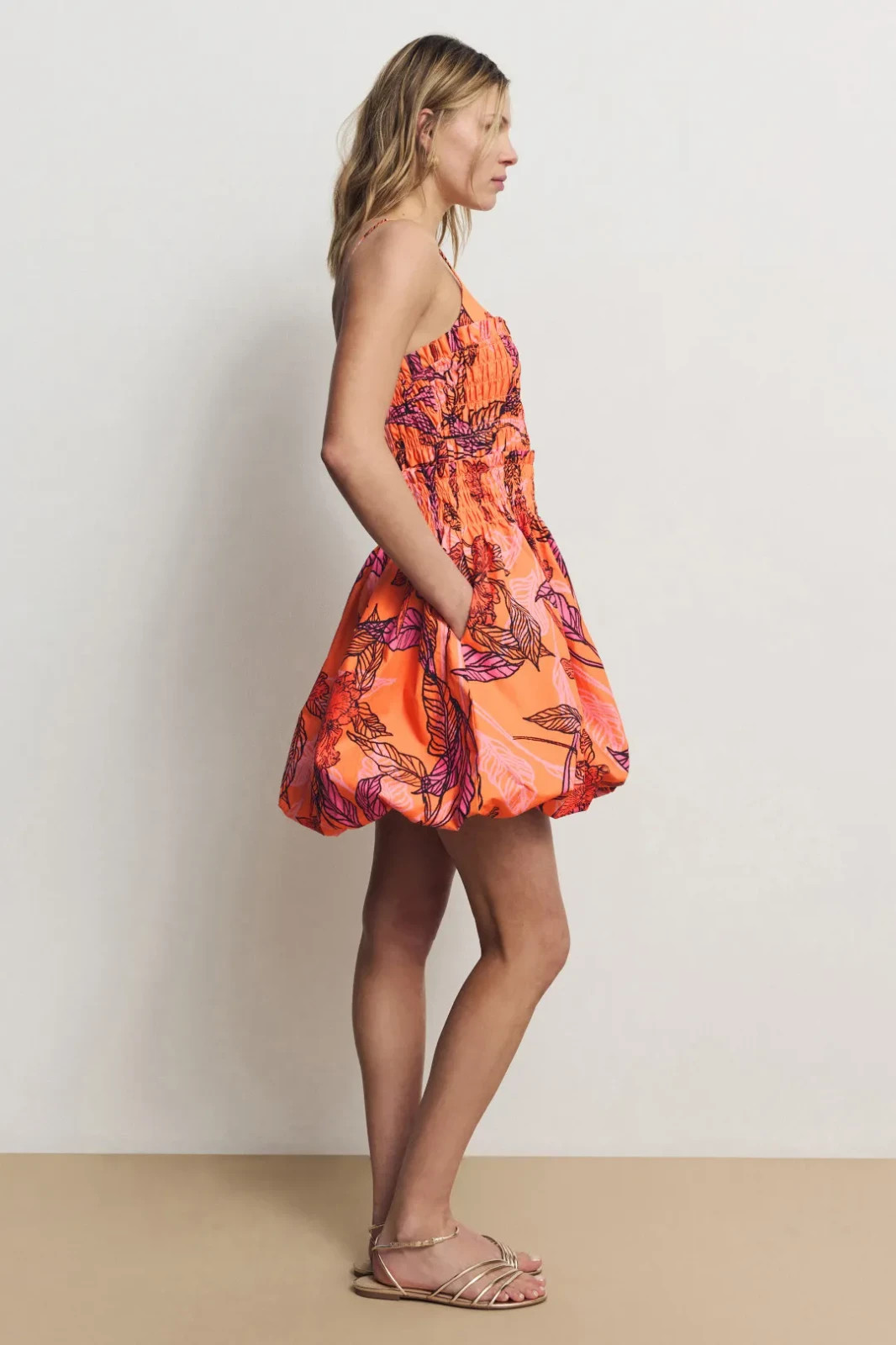 Hutch Inked Iris Floral Printed Bubble Orange Mini Dress Size Large $297