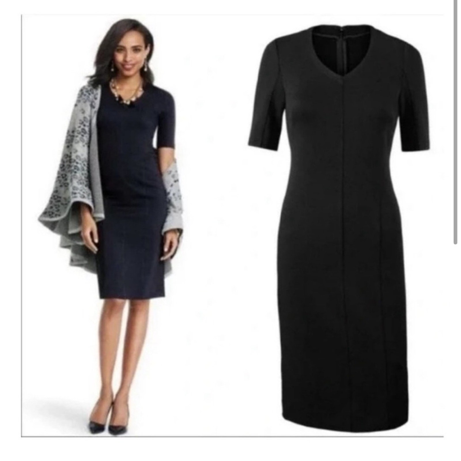 Cabi Claire ponte knit black short sleeve midi sheath dress size 6 #3101