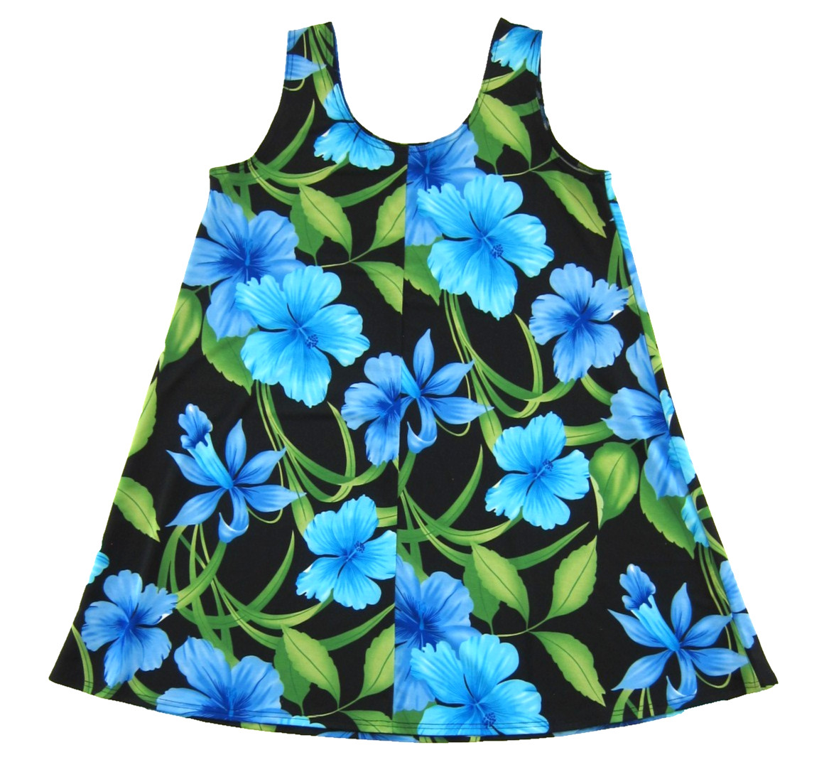 VTG BaBa Hawaii USA Black Blue Green Floral Stretch Tunic Shift Tank Dress XL
