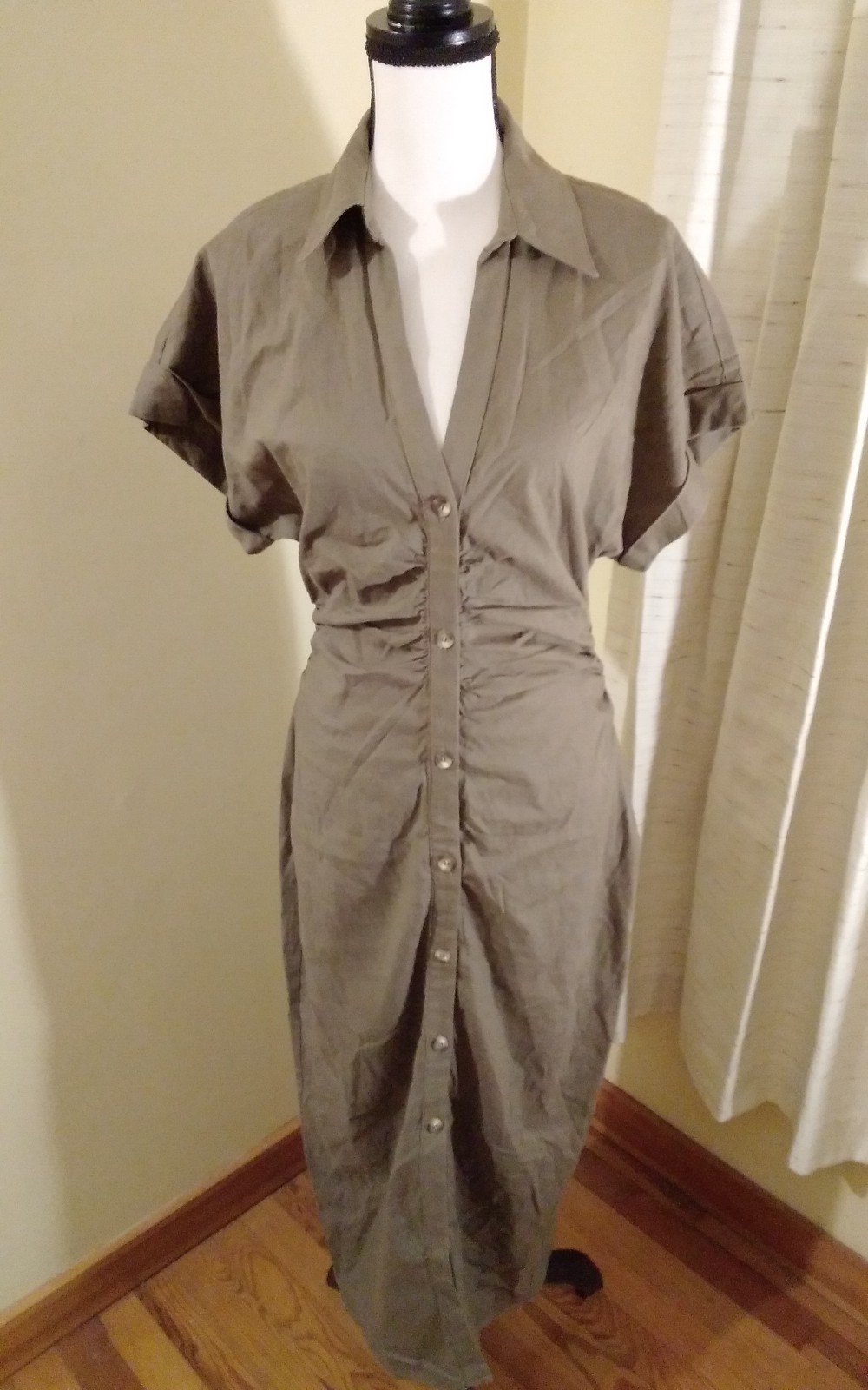 Zara Front Gathered Button Shirt Dress Short Sleeve Army Green Lg NWT