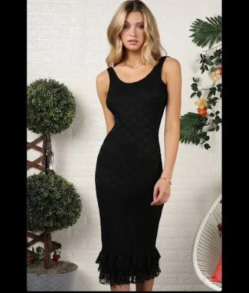 New Black Mermaid Dress With Lace Overlay and Frilled Hem Size S, M or L