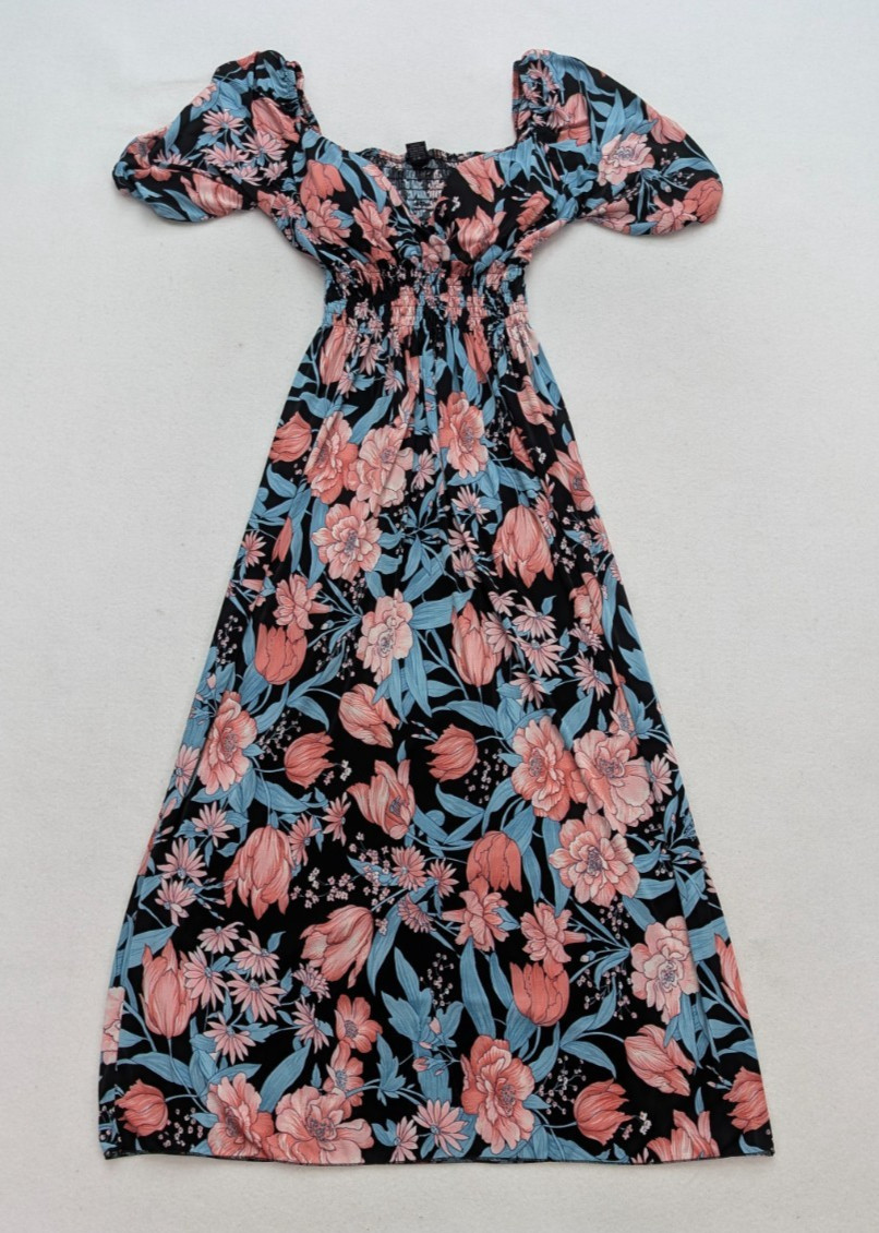 La La Muse Women’s Maxi Dress Size M Black Floral Print Bohemian Peasant