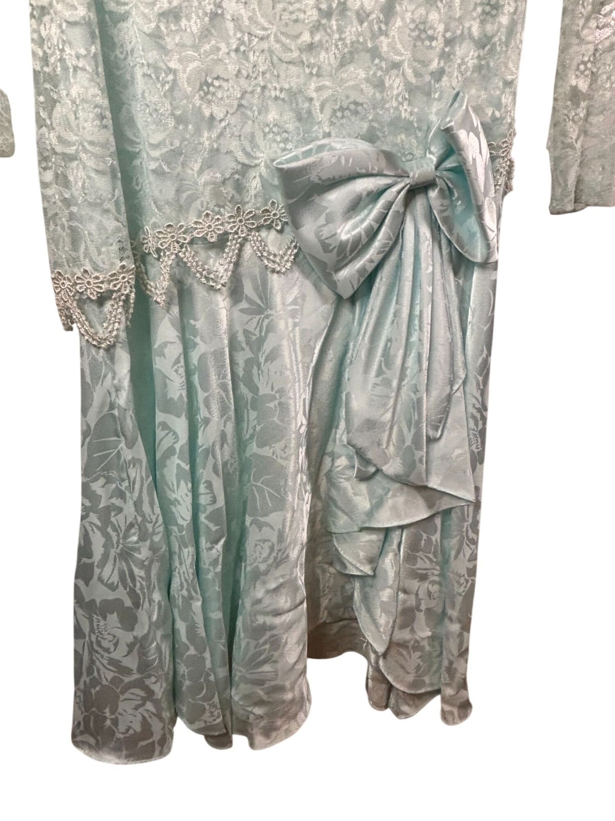 After Dark Dress Mint Green Lace Bow Beaded Size 5/6 USA Made Coquette Glam