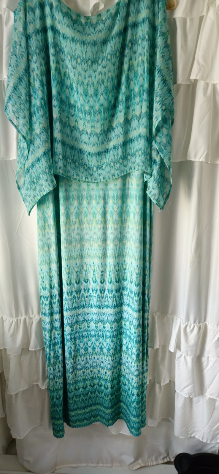 Ruby Road Women’s 1X Bead Accented MAXI DRESS , Shades Of teal on White,NWT