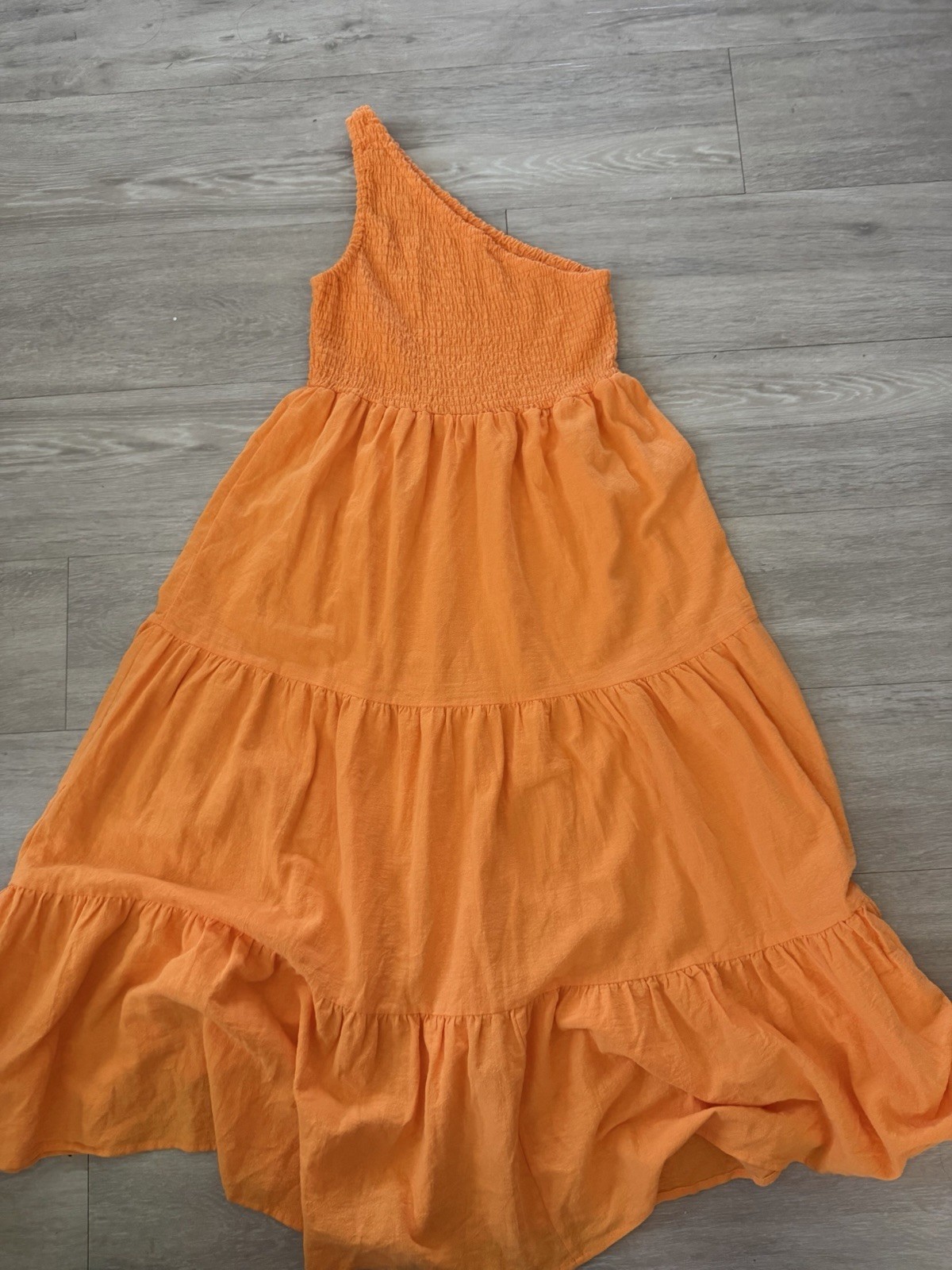 Shein One Shoulder Orange Tiered Peasant Dress Womens Size Medium Boho Smocked