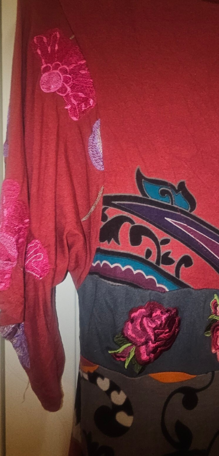 Desigual Size A-Line Plunge Batwing Vintage Gypsy Boho Hippy Midi Dress M/L