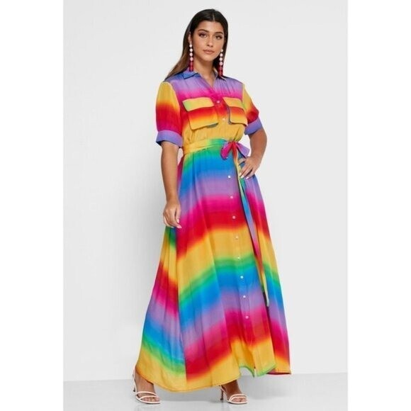 All Things Mochi Iska Rainbow Tie Dye Silk Maxi Shirtdress