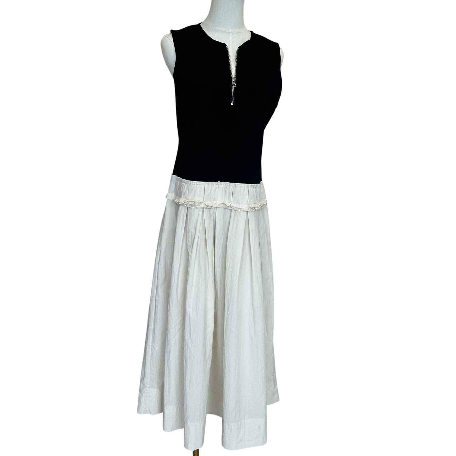 Plan C Black Cream Fit Flare Midi Dress SIZE 10 Romantic Cotton Designer $375