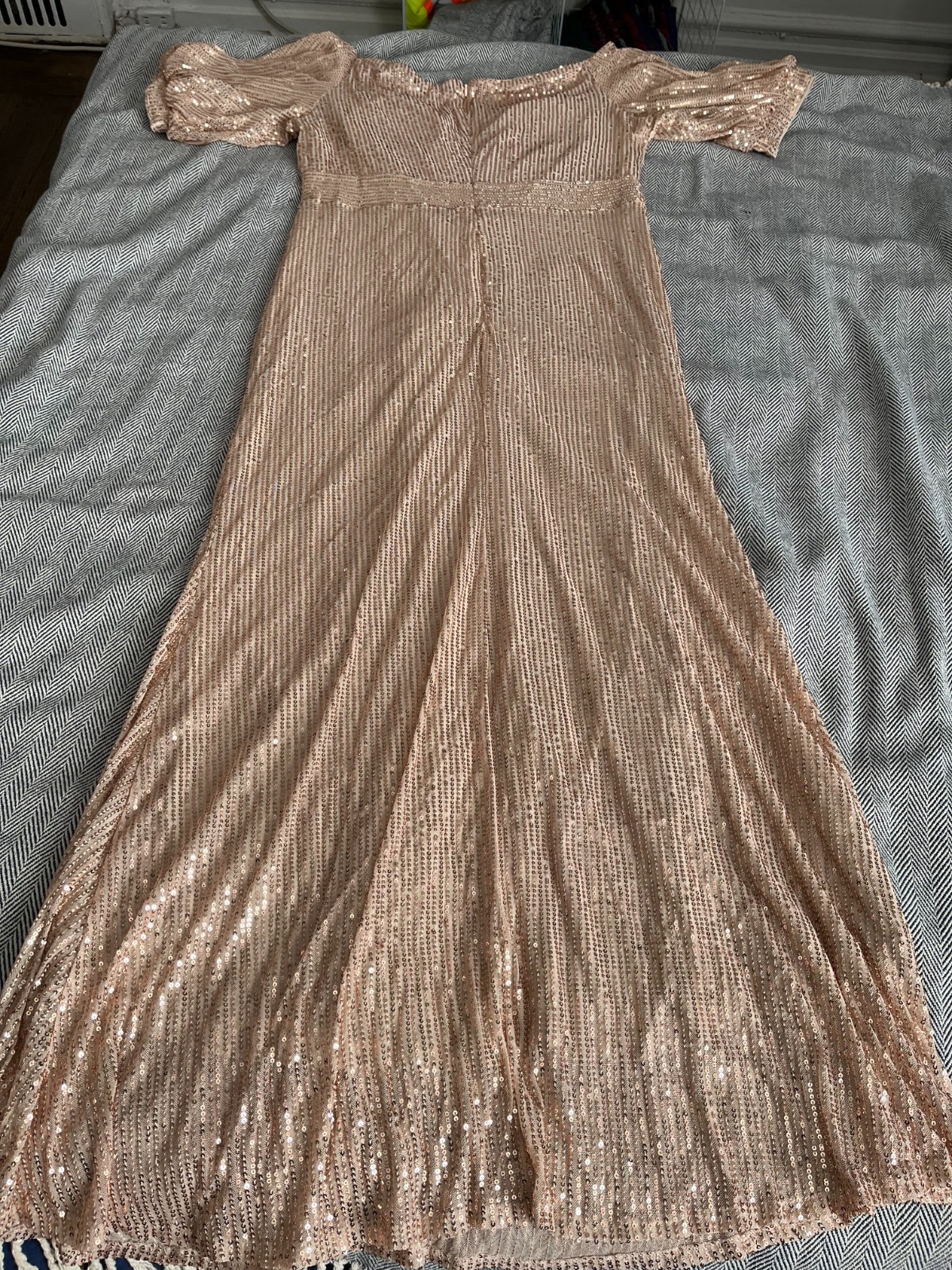 New Rose Gold Sequin Gown V-Neck Flutter Sleeve Plus Size Formal Prom Maxi Dress