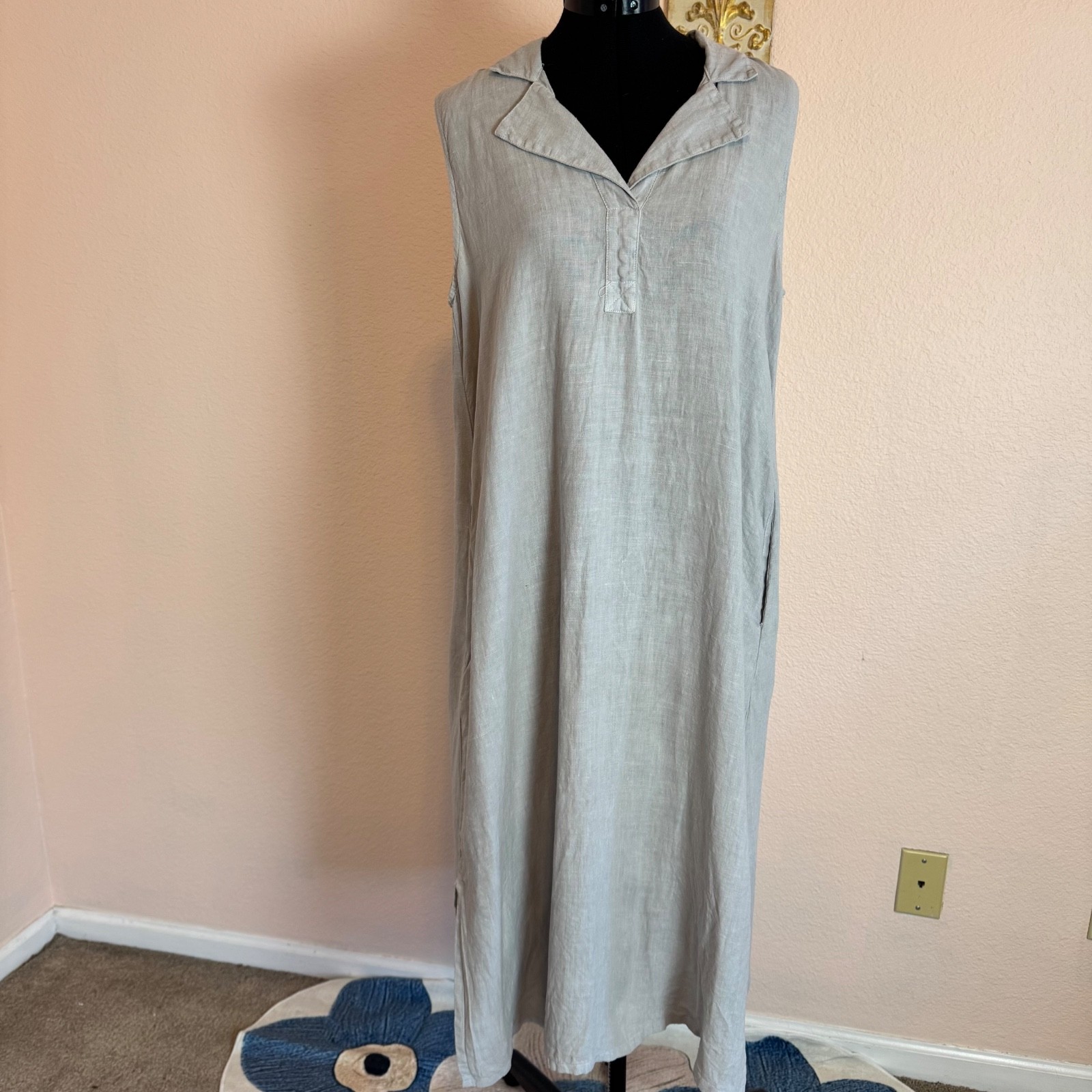 Pure Match Dress Maxi M Gray Linen Shift Sleeveless Coastal Beach USA Sundress