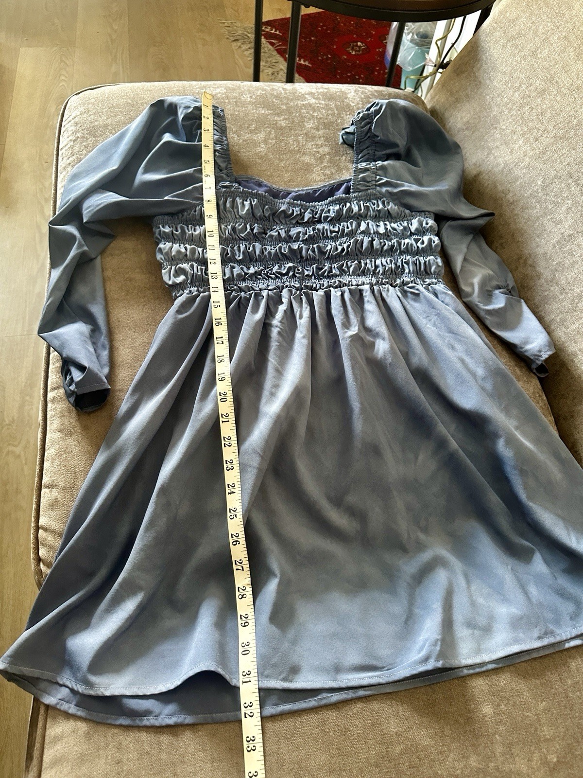 ASTR The Label Blue Dyed Smocked Puff Long Sleeve Mini Babydoll Peasant Dress L