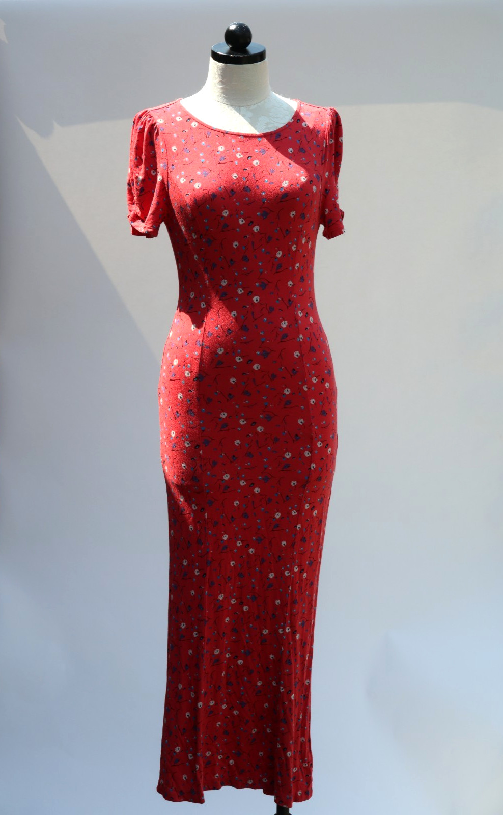 Free People Red Rayon Stretchy Jersey Floral Bodycon Tshirt Maxi Dress Women S