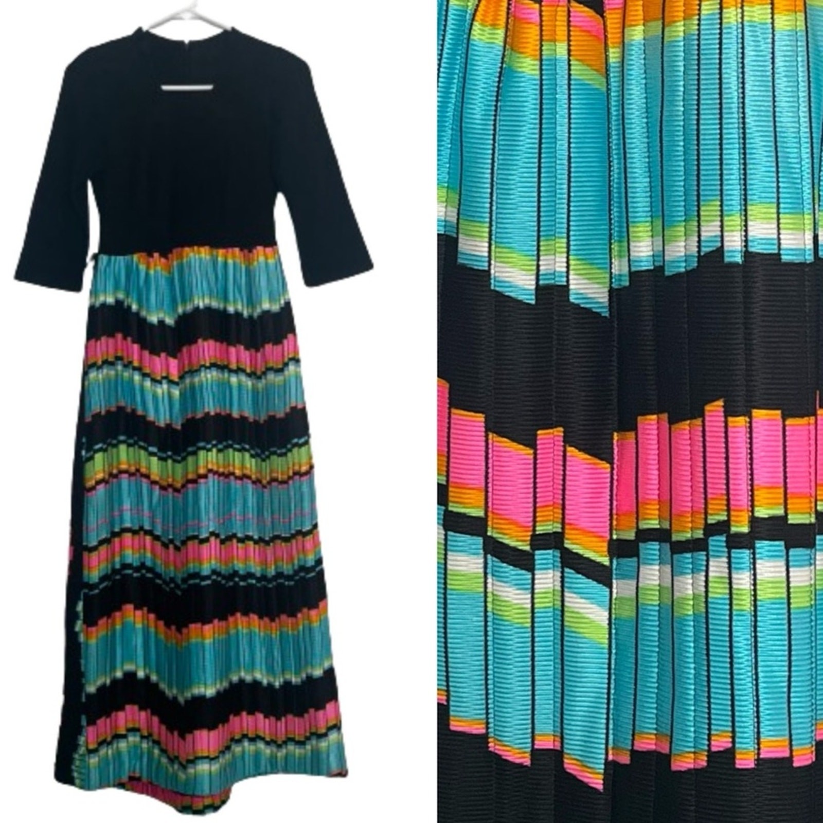 Vintage 70’s Neon Bright Colors Black Felt Quilted Maxi Formal Dress Rainbow XXS
