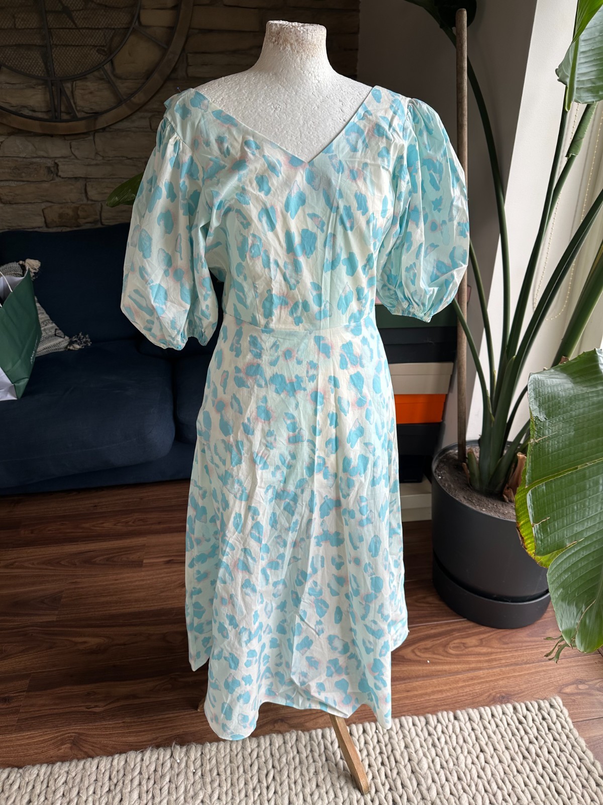 Remain Birger Christensen Blue/White Print Puff Sleeve Backless Midi Dress Sz 10