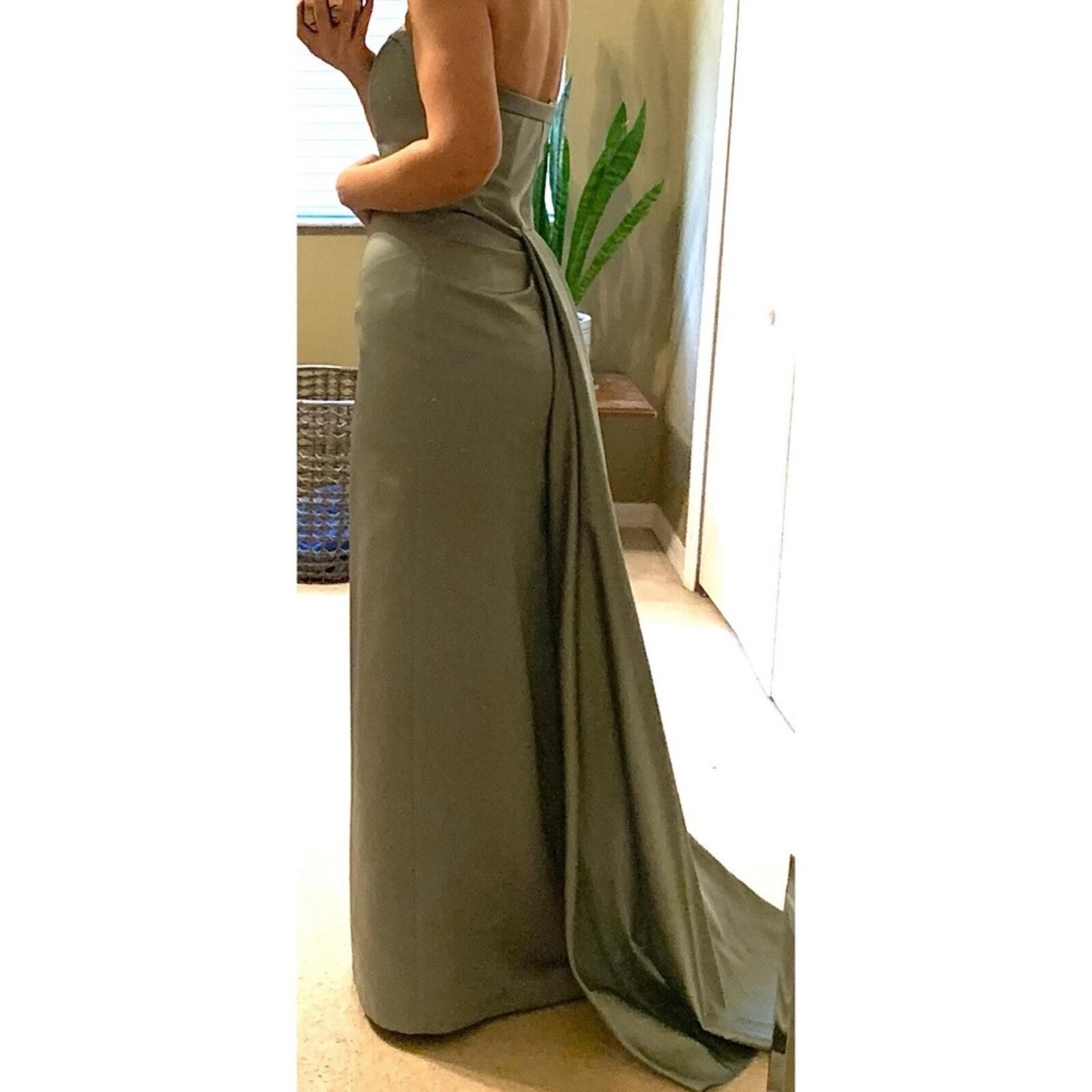 DAVID’S BRIDAL Dusty Sage Green Strapless Sweetheart Neck A-Line Gown With Train