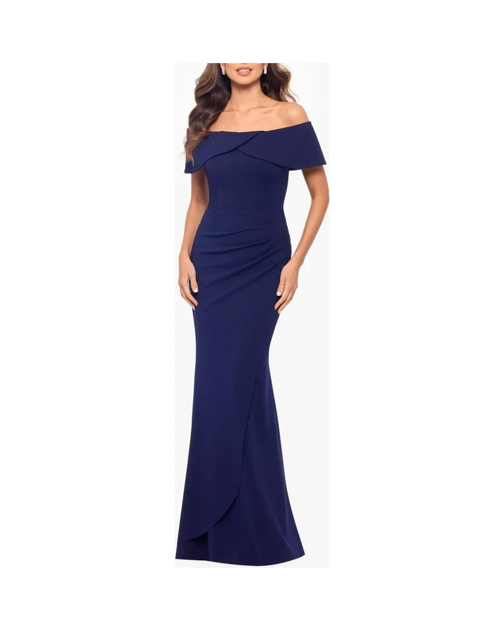 Xscape Navy Blue Crossover Off The Shoulder Stretch Crepe Gown Size 16 $248