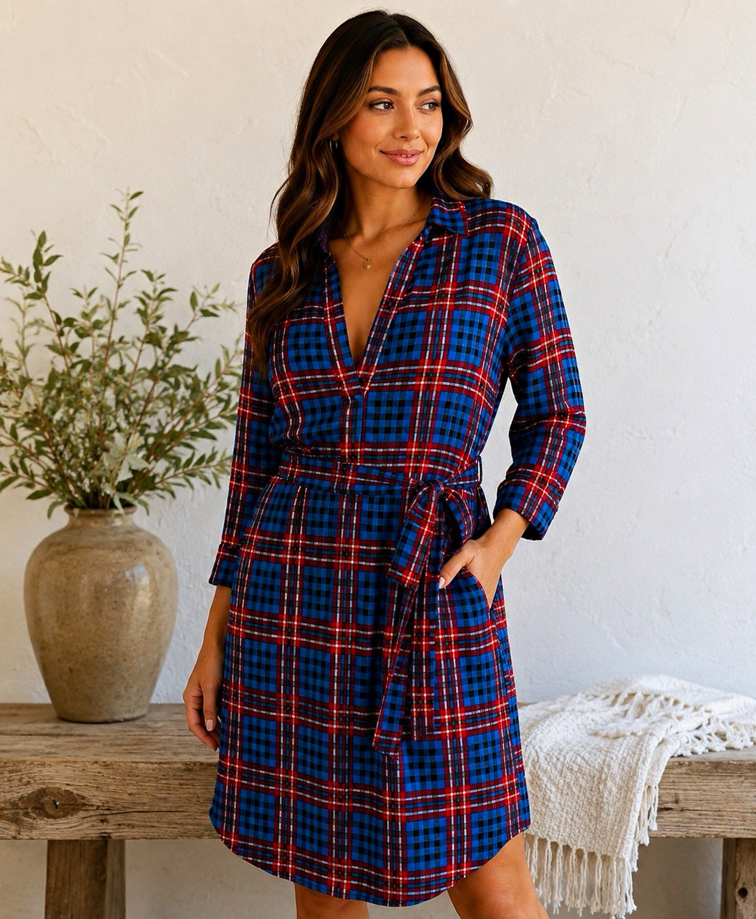 New York & Company Plaid Shirt Dress Blue Red Black White 3/4 Sleeve XL
