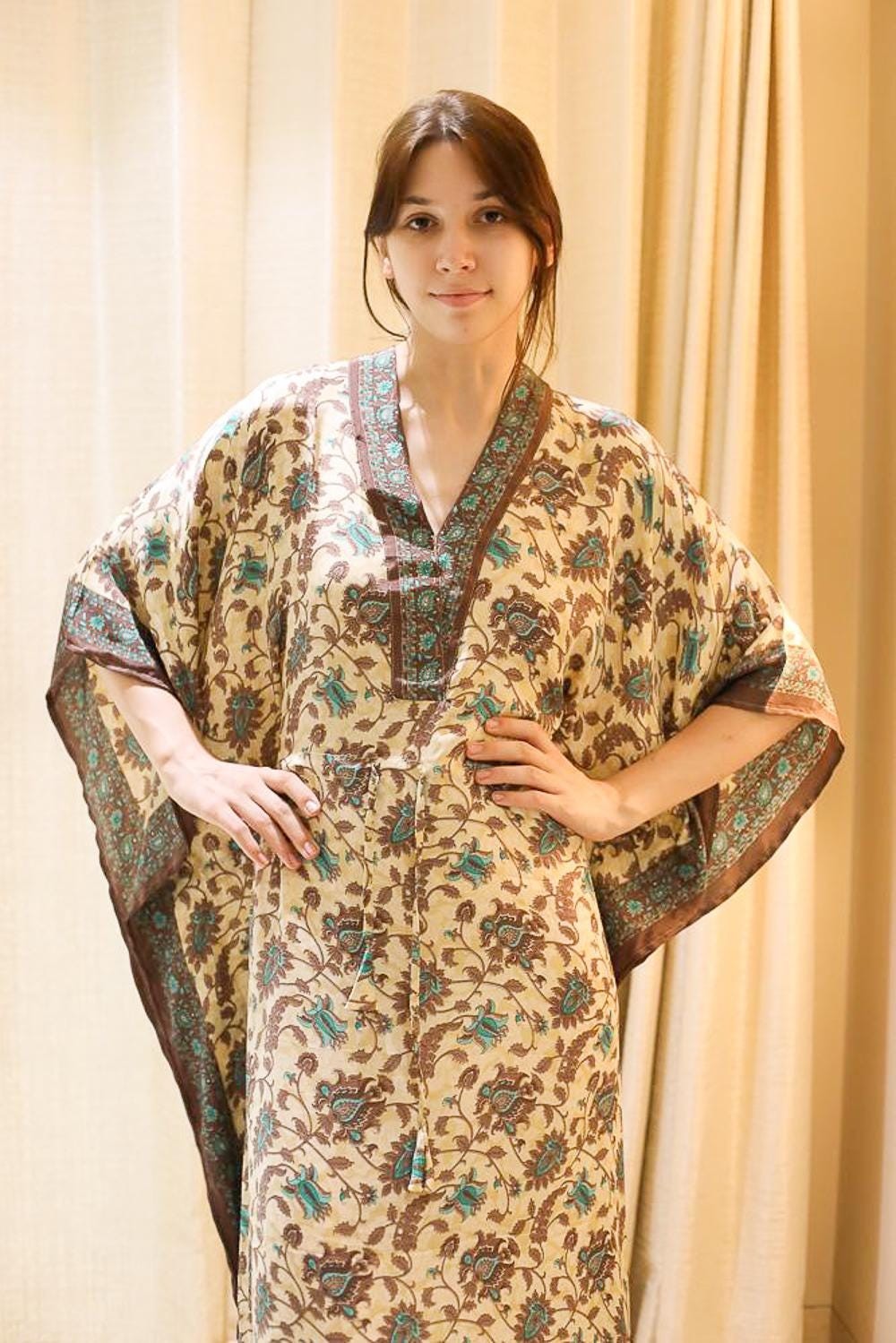 Handmade Silk Beige Long Kaftan / Upcycled Free Size Dressing Gown PS MFN1002