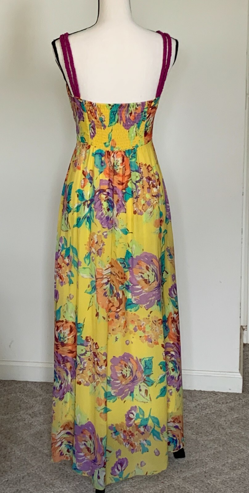 SOFT SURROUNDINGS Yellow Floral Maxi Strap Dress Sleeveless Smocked Lined XS