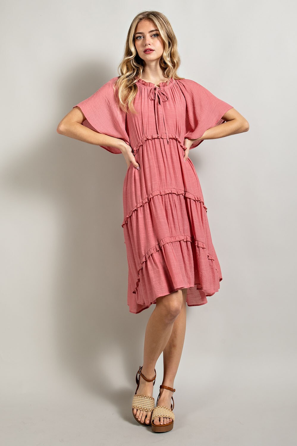GiGiO Tie Neck Flutter Sleeve Ruffle Tiered Women’s Dress